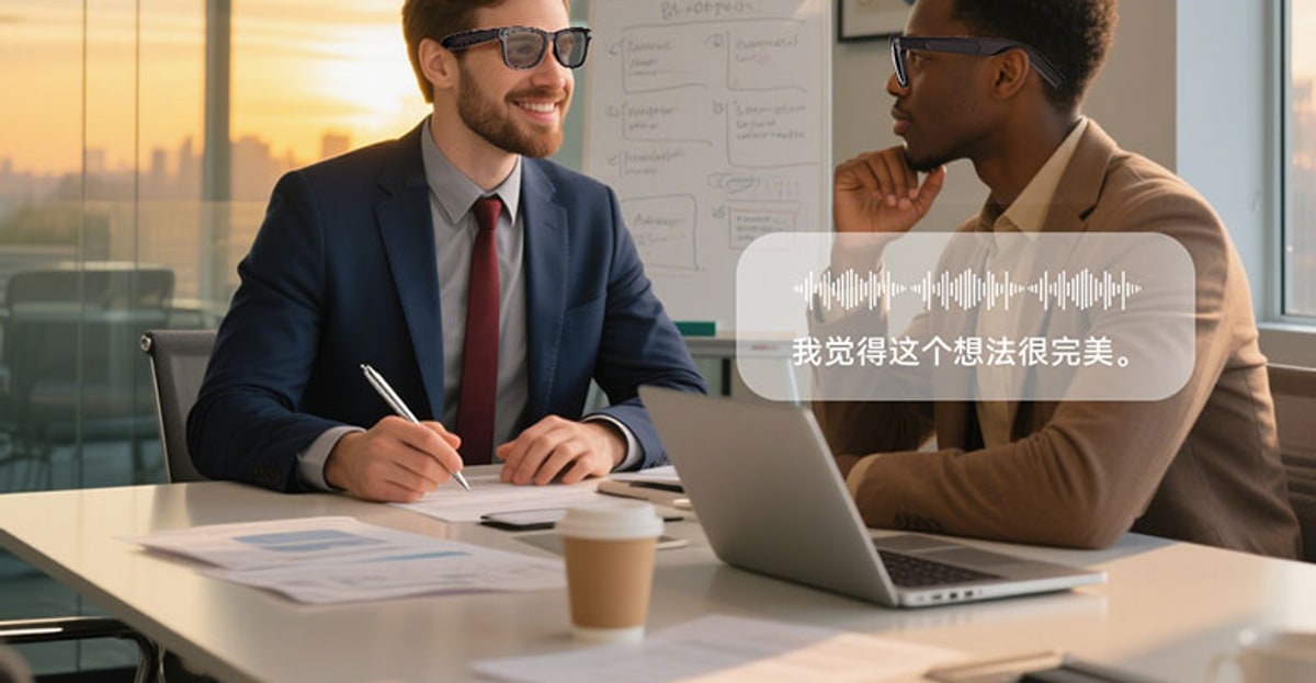 Two professionals wearing AG18 AI glasses during a meeting