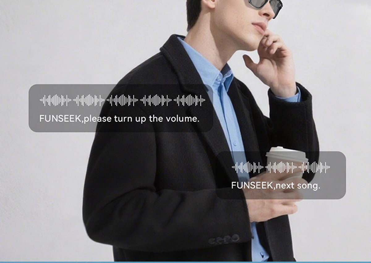 Business traveler using AG18 voice assistant while walking with coffee